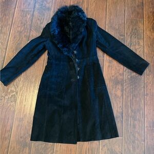 vintage genuine shearling fur collar suede leather penny lane black suede coat